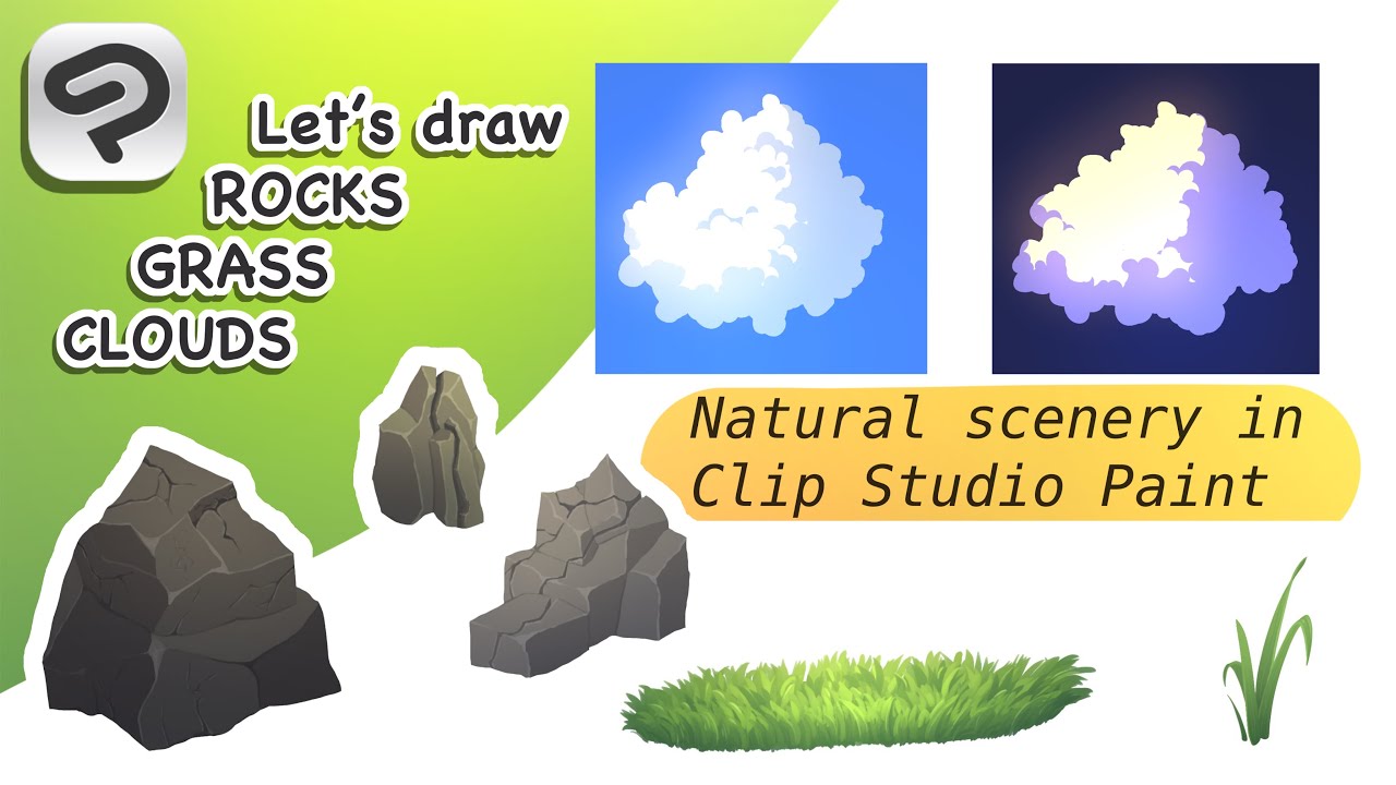 Drawing rocks, grass and clouds in Clip Studio Paint