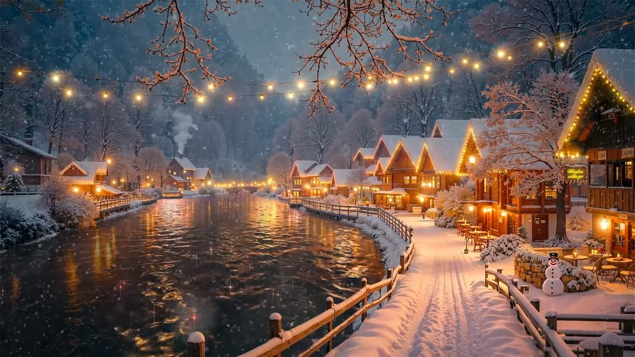 Relaxing Jazz Music for Winter Nights in a Snowy Village | Warm Lights, Peaceful Scenery & Snowfall⛄