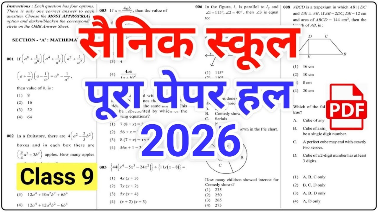 Sainik School Paper 2026 Class 9 | Sainik School Entrance Exam Class 9 Question Paper 2026