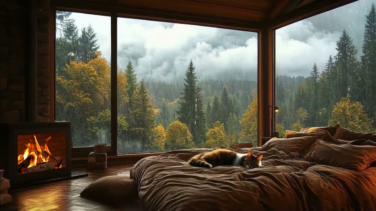 Rain Sounds For Sleeping 🌧️ Thunder Rain & Warm Fire in a Dark Bedroom for Deep Sleep