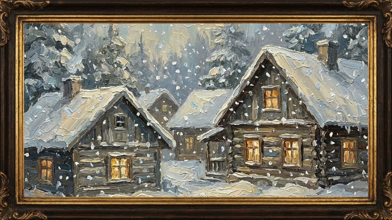 Snowfall Serenity | Cozy Woodland Cabins in Winter | Soft Impressionist Framed Snow Scene (4K)