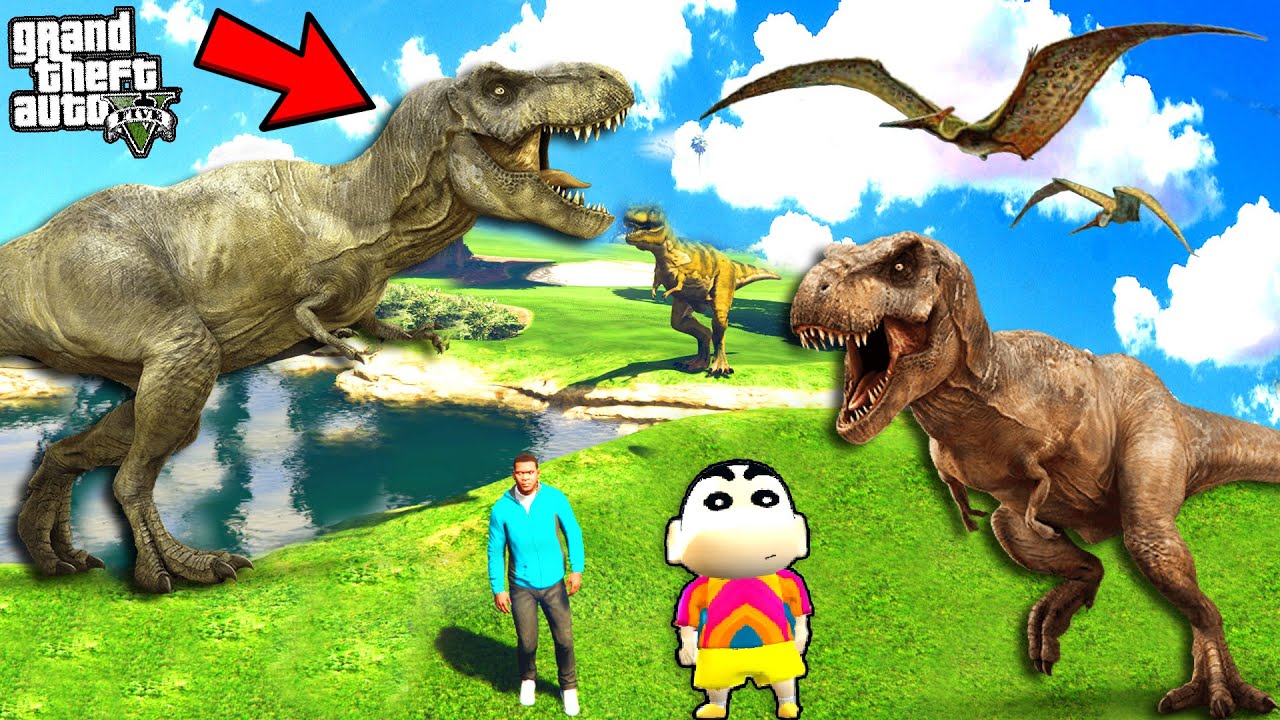 Franklin Found MONSTER DINOSAUR and DESTROYS Los Santos in GTA 5 JURASSIC WORLD | SHINCHAN and CHOP