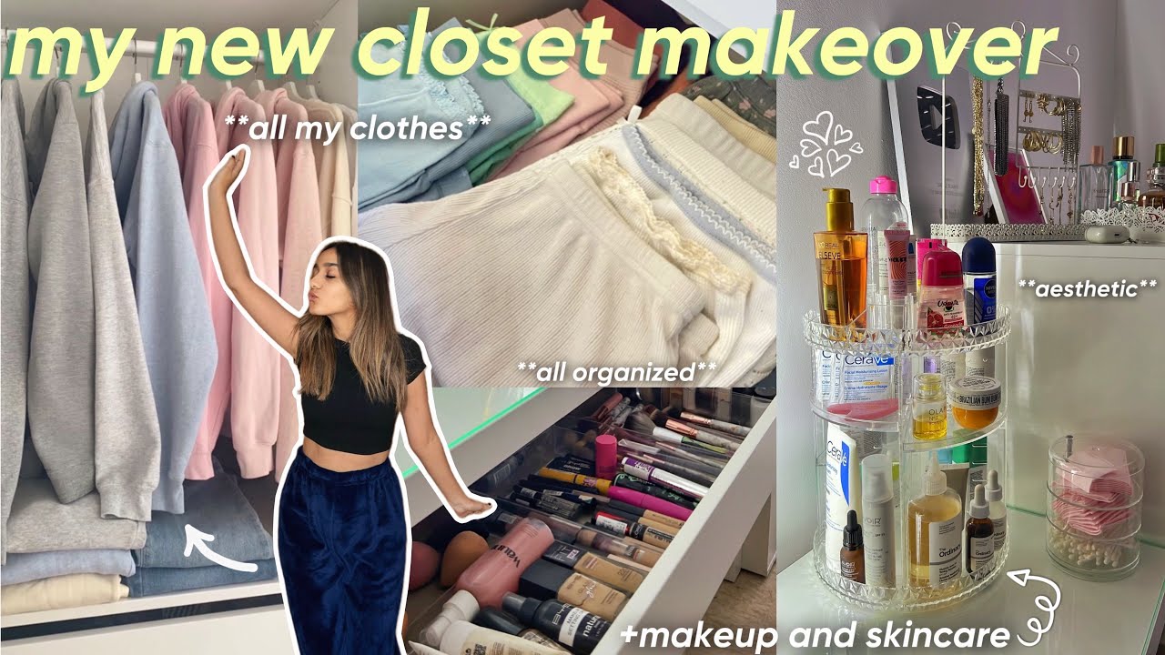 MY NEW CLOSET TRANSFORMATION + TOUR🪞🌷|رتبت حوايجي و مكياجي فالماريو الجديد👚*aesthetic organizing*