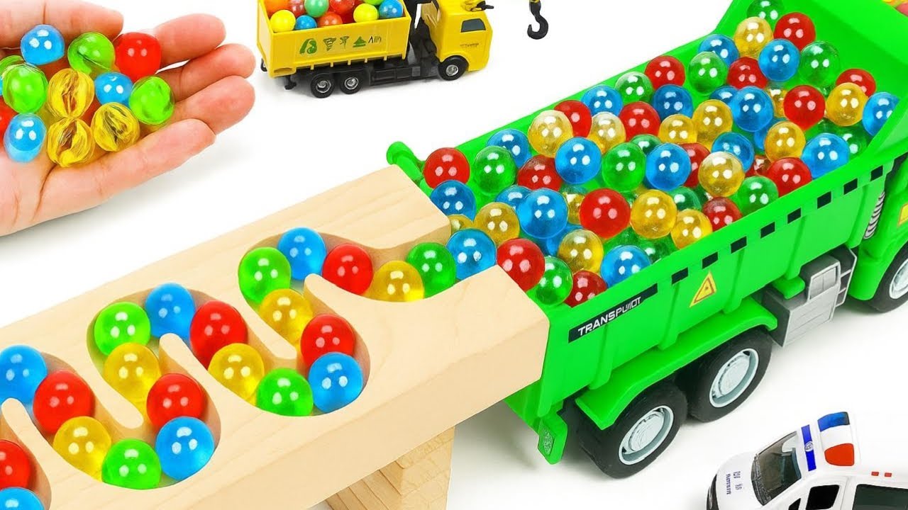Marble Run Race ☆ HABA Slope & Retro Makita Truck, Excavator, Garbage Truck, Dump Truck, Ambulances