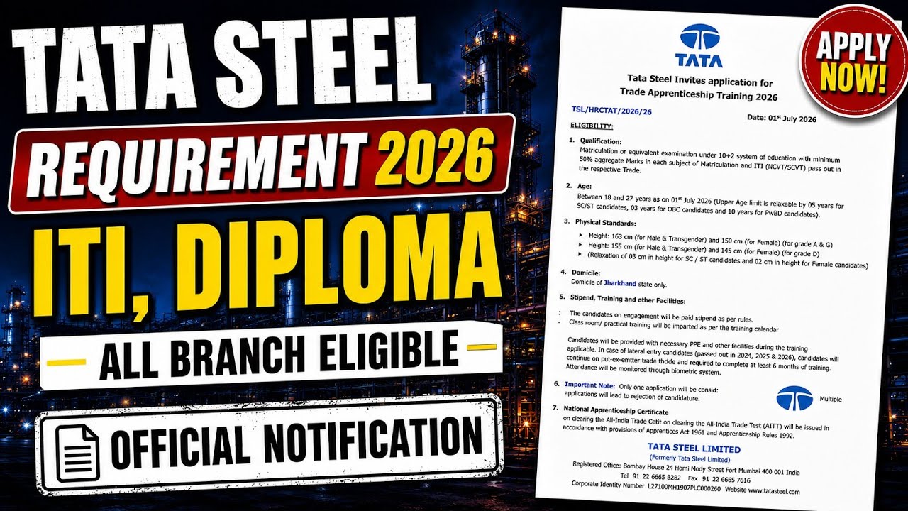 TATA STEEL RECRUITMENT 2026 | ITI/DIPLOMA | Technical Vacancy | Apply Online |
