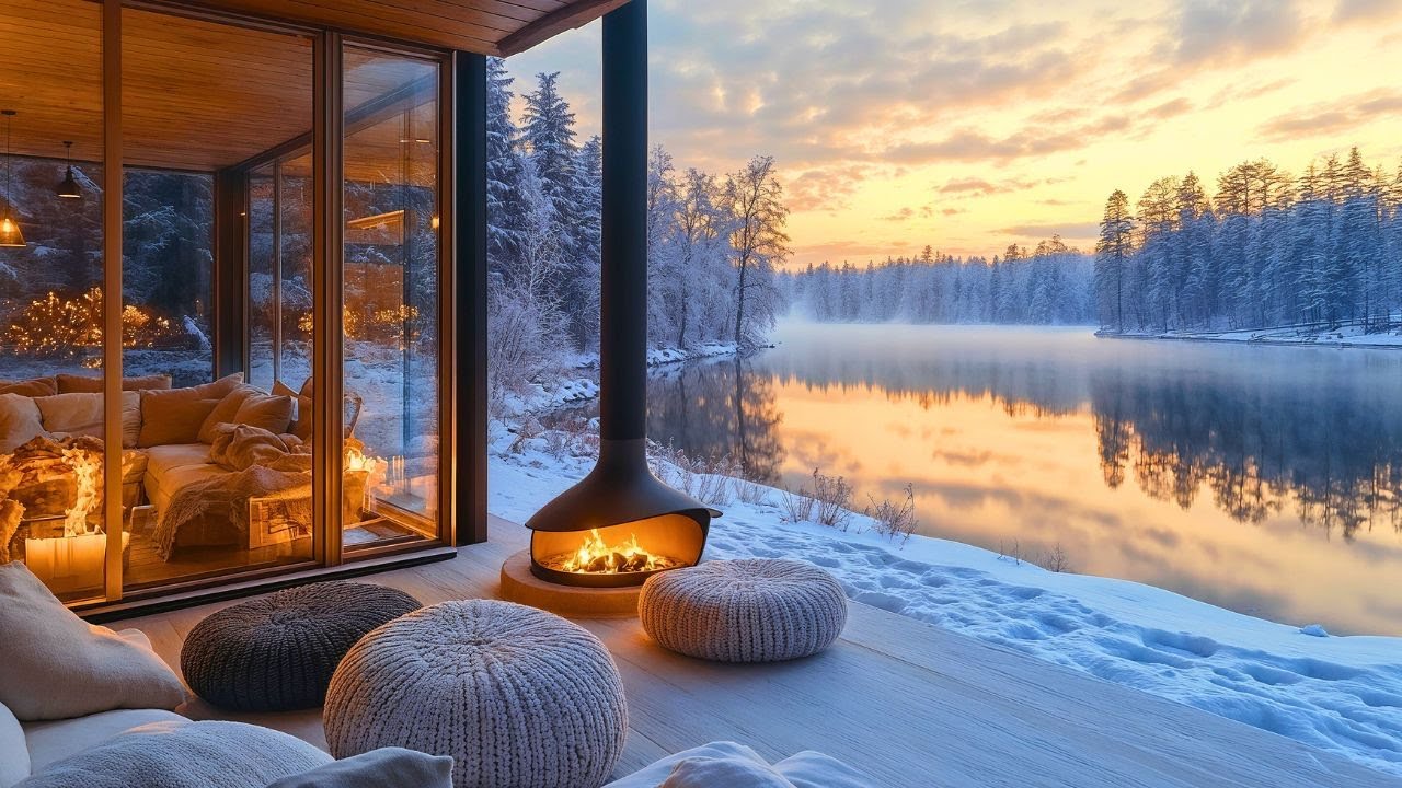A Peaceful Winter Escape: Relaxing Jazz Music by the Fireplace Sounds and Snowy Lake Serenity