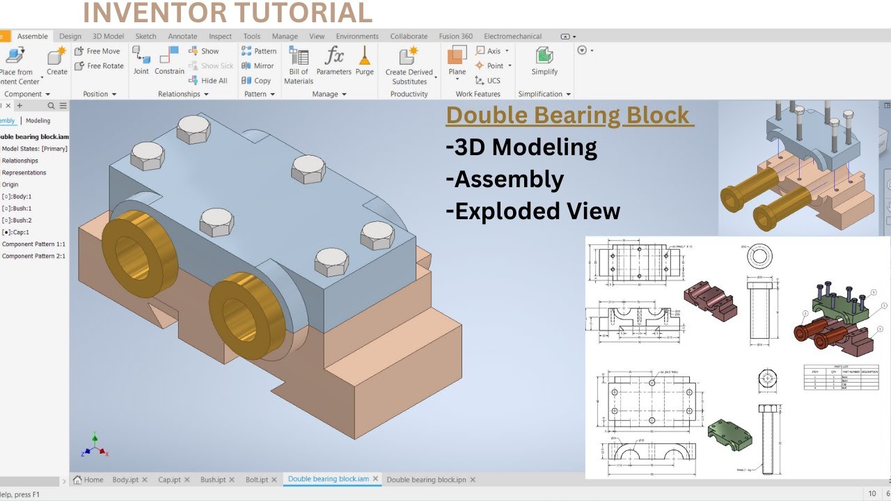 Учебное пособие по Autodesk Inventor: 3D-моделирование, сборка и разобранный вид | Двойной подшип...