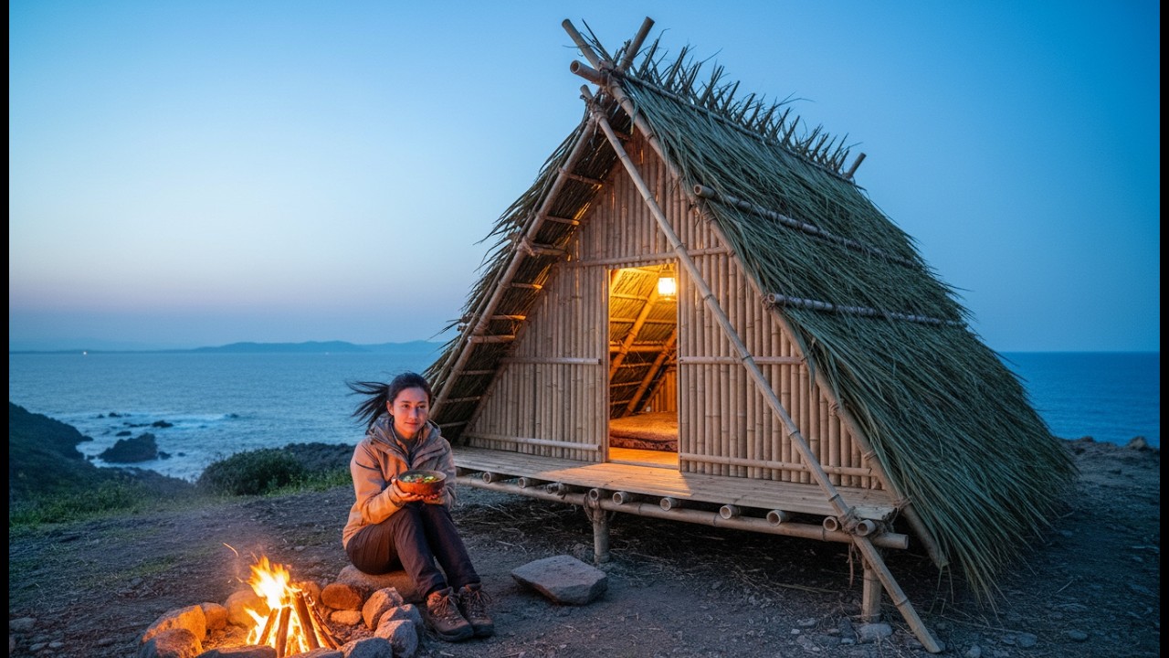 Cozy Solo Camping by the Ocean &mdash; Bamboo Hut, Campfire and Warm Soup (ASMR)