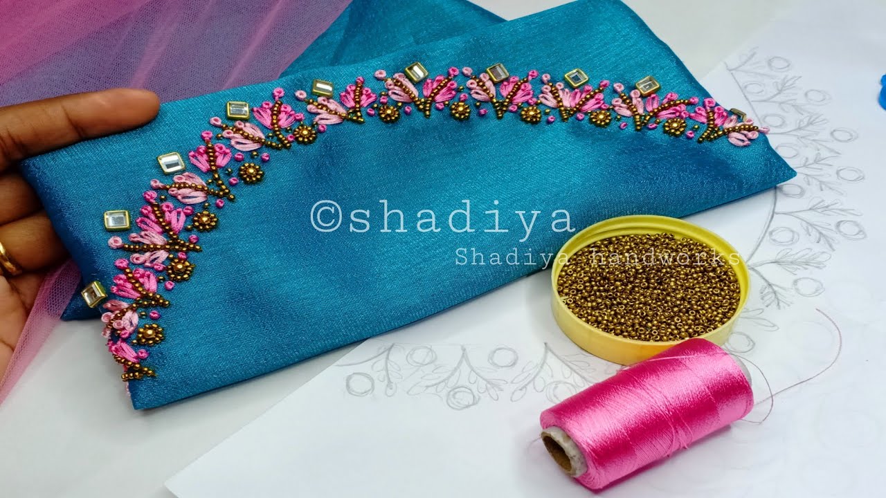 Long french knot silk thread neck embroidery design for kurti salwar blouse|neckline embroidery