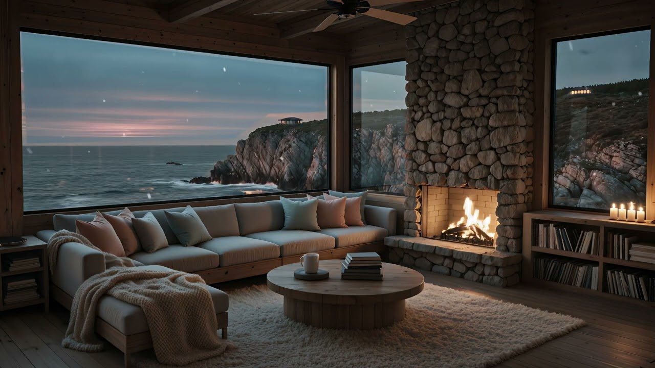 Cozy Coastal Fireplace ❄️🔥 | Ocean Cliff Views, Light Snowfall & Winter Evening Ambience