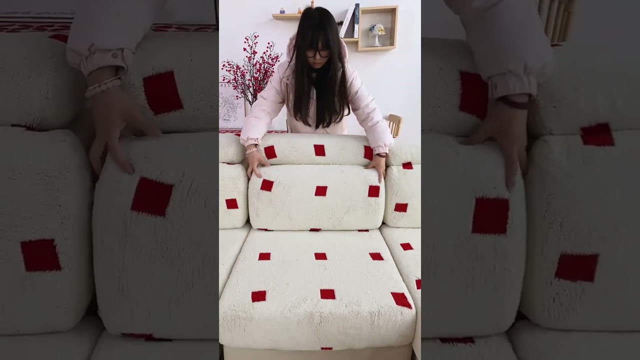 White Fluffy Sofa Cover with Red Square Pattern | Soft Plush Couch Protector | Modern Living Sofa