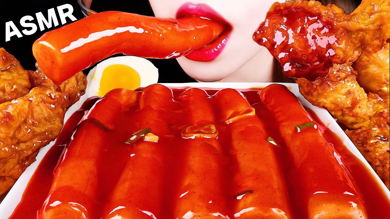 ASMR GIANT TTEOKBOKKI, HONEYCOMB FIRED CHICKEN EATING SOUNDS MUKBANG 우리할매떡볶이, 교촌 허니콤보 치킨 먹방 咀嚼音
