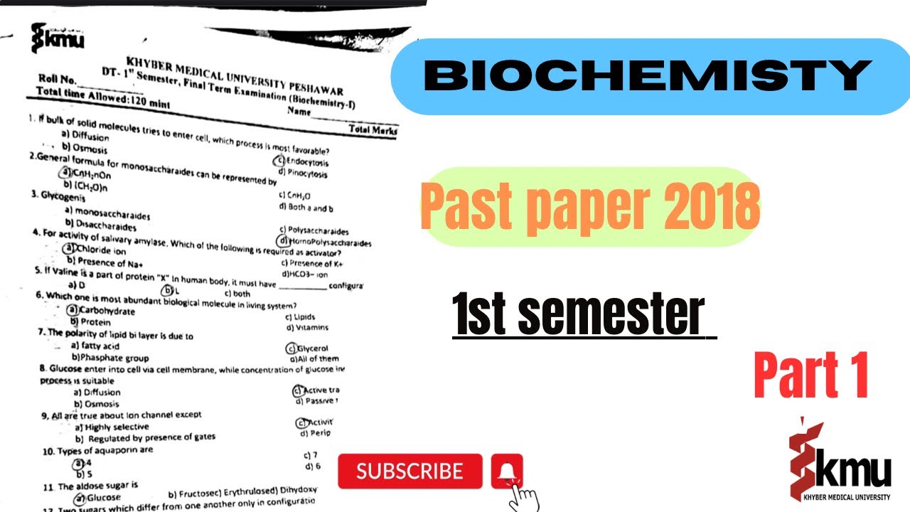 Biochemistry past paper 2018 | Kmu | first semester solved paper | biochemistry mcqs with answers.