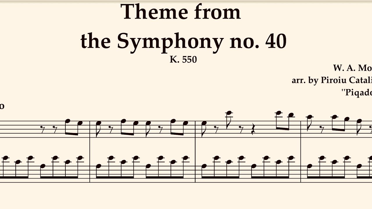 W. Amadeus Mozart Theme from Symphony no. 40 arr. by Piqado for Piano Sheet Music Easy to Read