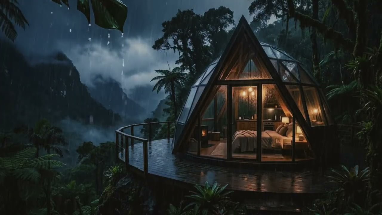 Rain Sounds for Deep Sleep | Heavy Rain ASMR for Insom| Rain Ambience Cozy Glass Cabin Fall aSleep