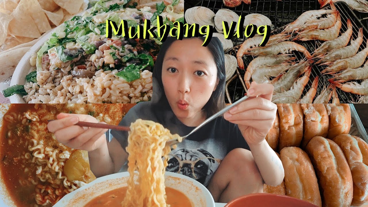 (mukbang vlog)STRESS EATING (?) w. CHEESE RAMYUN, CHIPOTLE, DONUTS AND MORE!