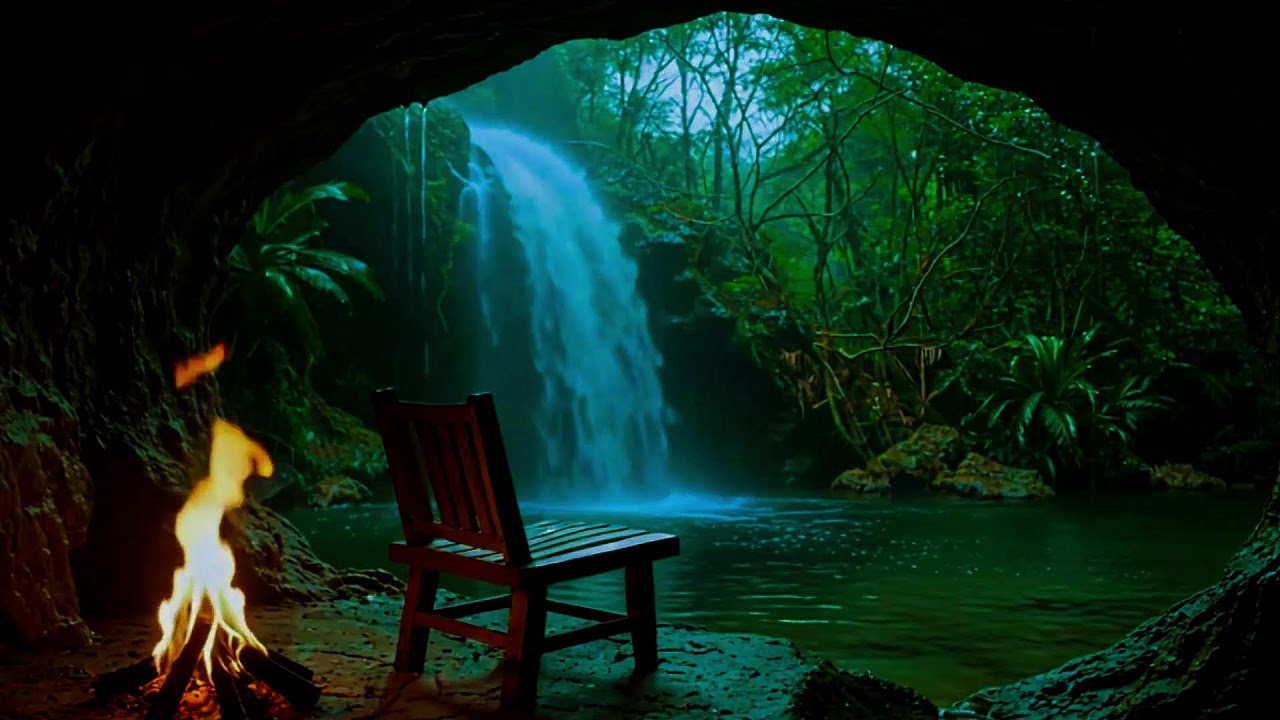 Peaceful Fire & Waterfall Ambience with Birds  | ASMR | Focus & Relax