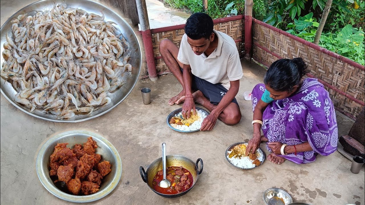 PRAWNS STUFFED Recipe । Easy Prawns Vada Curry With Brinjal Cooking In Village । Our Mother And Son