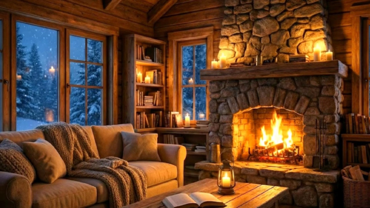 Winter Cabin Fireplace Ambience 🔥 Snow Falling Outside & Crackling Fire (No Music)