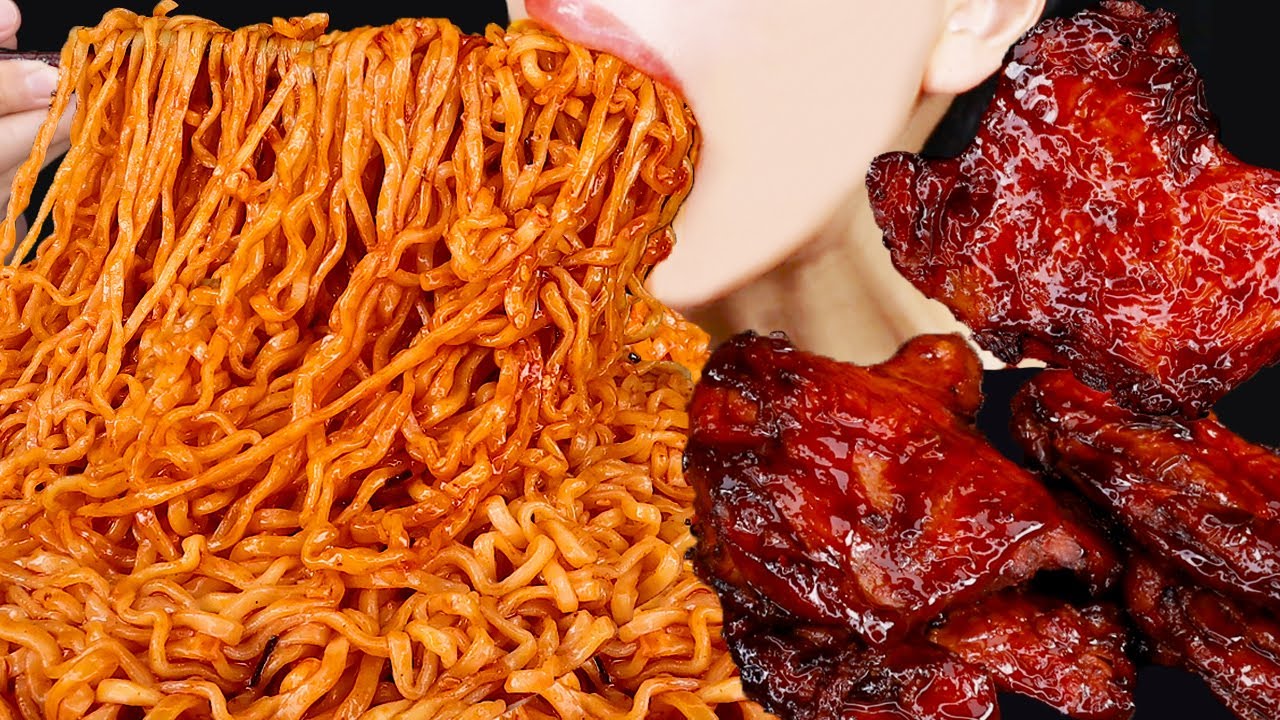 ASMR BBQ CHICKEN SPICY FIRE NOODLES MUKBANG자메이카 통다리구이 불닭볶음면 양념치킨 먹방チキン プルダックポックンミョン 咀嚼音EATING SOUNDS