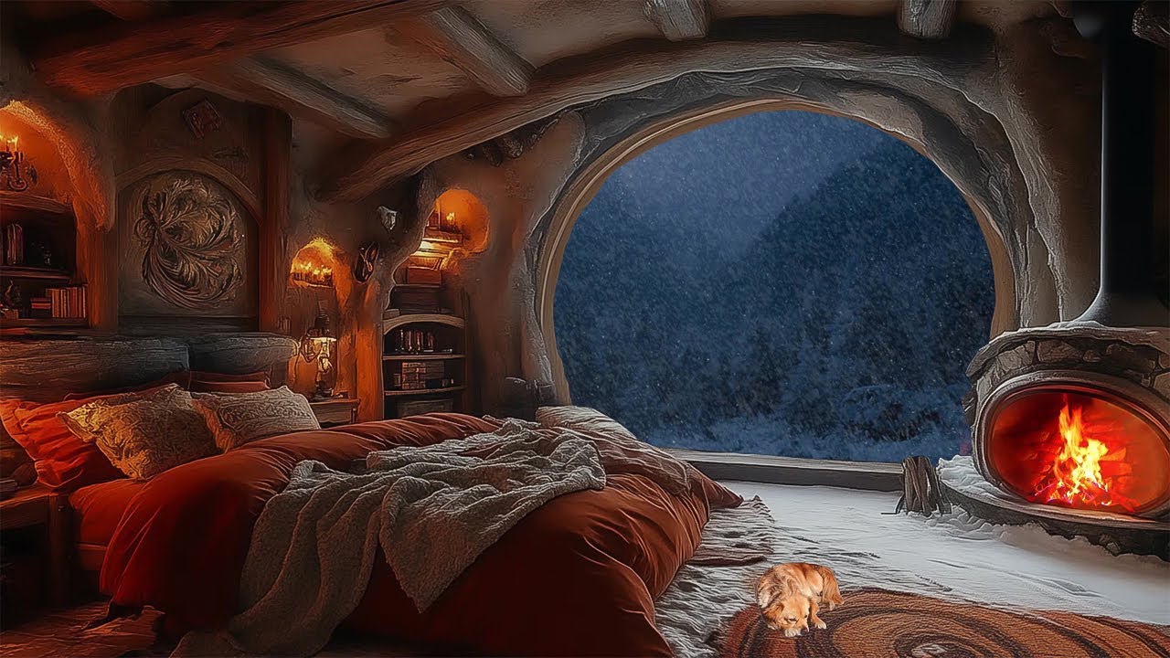 Cozy Winter Cave Fireplace | Sleep Soundly to Intense Snowstorm Sounds | ASMR RELAXING & DEEP SLEEP