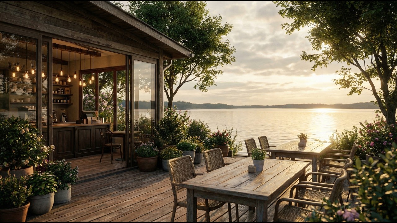 Lakeside Sunset Cafe Jazz ☕ Relaxing Smooth Jazz with Golden Evening Ambience for Study & Relax