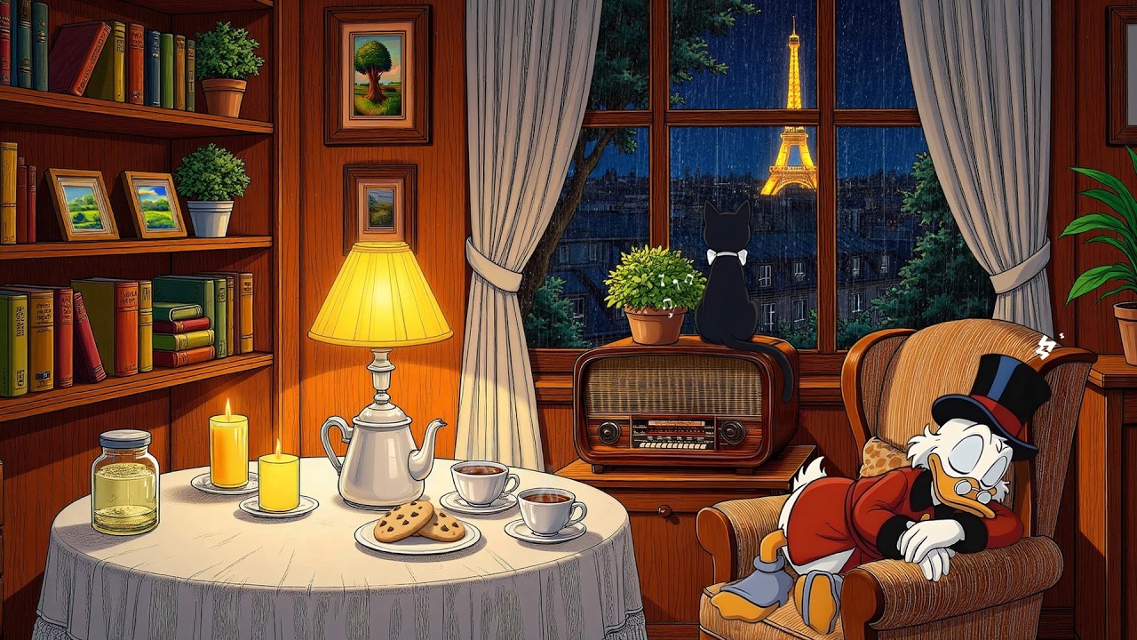 cozy 1950s paris night with vintage oldies playing in another room and it's raining to relax to