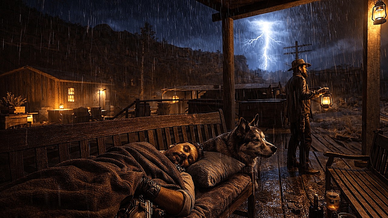 Taking Shelter on the Porch – John Marston and His Dog | Thunderstorm Night | RDR2 ASMR Rain