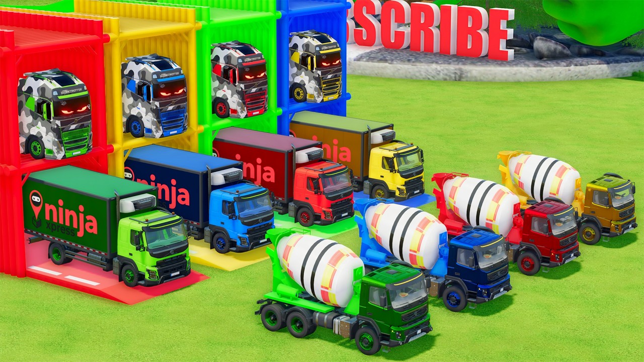 Garage with Colors - ALL MIXER TRUCK WITH DOUBLE FLATBED TRAILER TRUCK, VOLVO - FS22