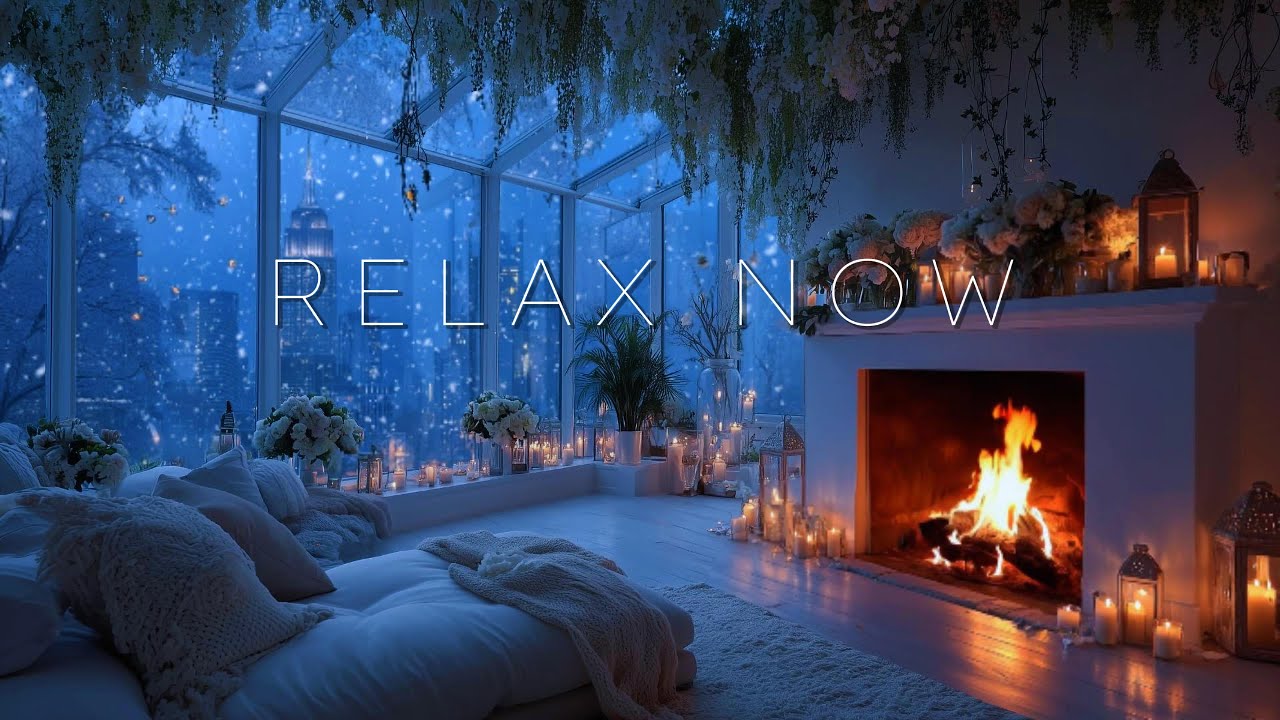 Winter Relax ❄️ Cozy Snow fall Night | Soft Piano & Fireplace Sound Relax, Calm Mind, Fall Asleep