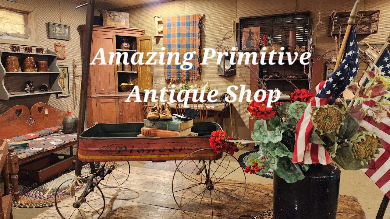 Tour Early Country Antiques Shop Decorating Ideas, Primitives, Quilts, Crocks, Unique Wall Covering!