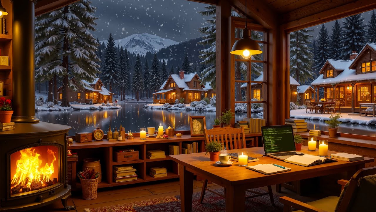 Snowy Cabin Workspace by the Lake | Cozy Jazz for Focus, Late Night Work & Winter Calm