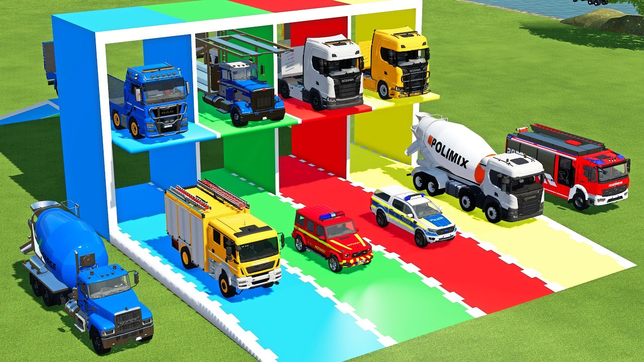 TRANSPORTING MIXER TRUCK, CARRIER TRUCK, BUS, CEMENT TRUCK, POLICE TO GARAGE WITH MAN TRUCK - FS22