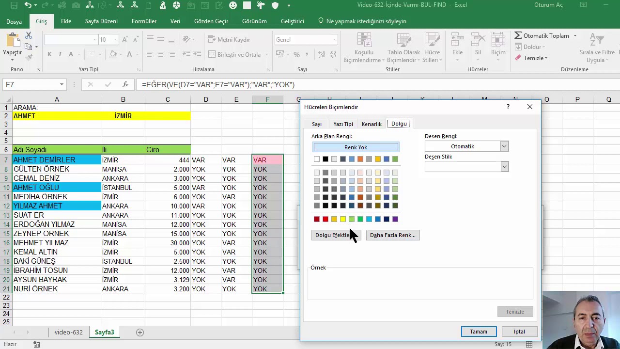 Excel  Metin İçinde Varmı  - BUL / FIND Fonksiyonuyla Arama