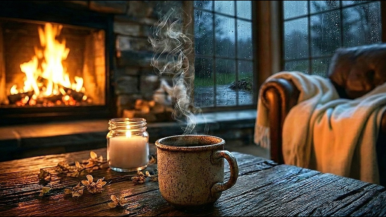Relaxing Acoustic Guitar for a Quiet Drift Away | Cozy Fireplace & Rainy Night 3 Hours