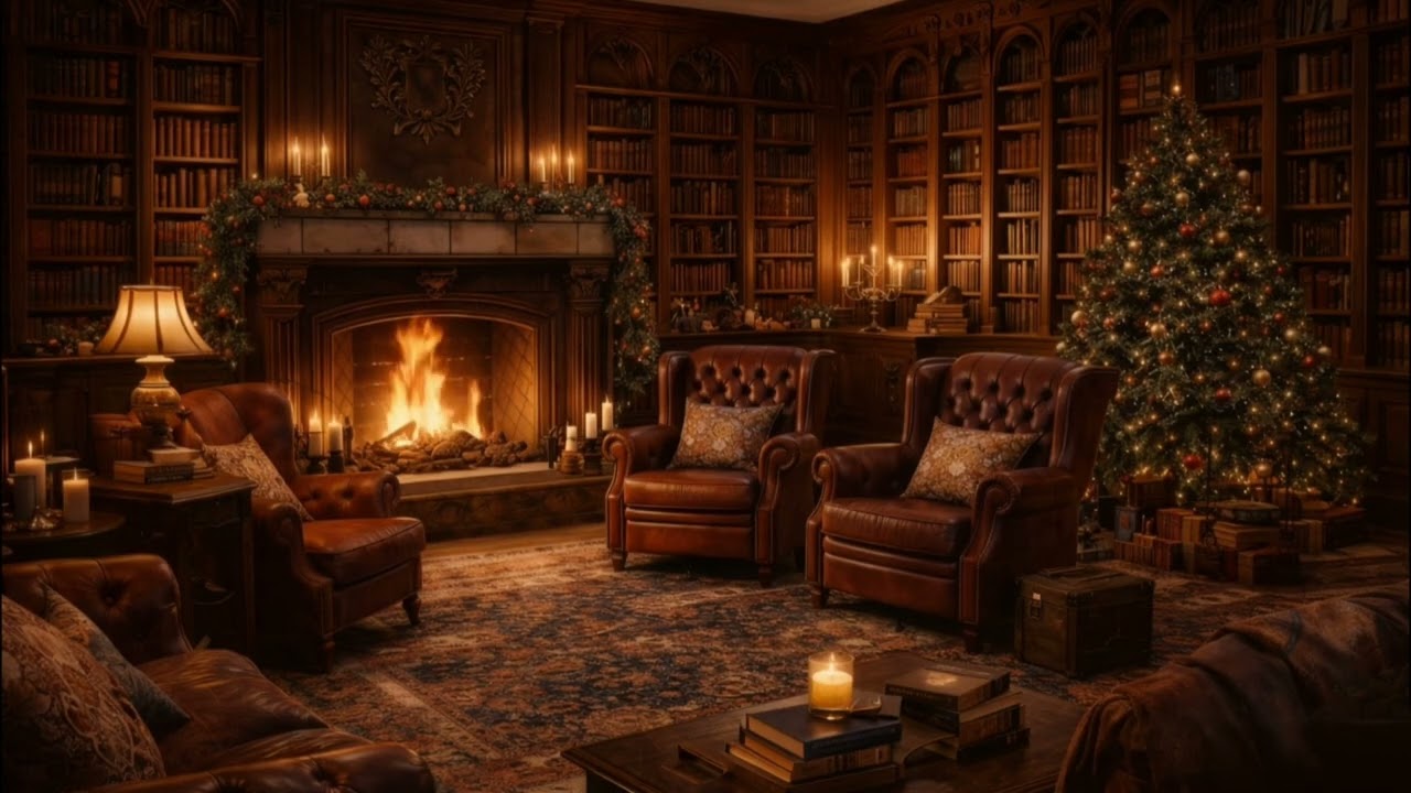 📚Lofi | Winter Cozy Library | Music for Relaxation and Study + Fireplace Crackle
