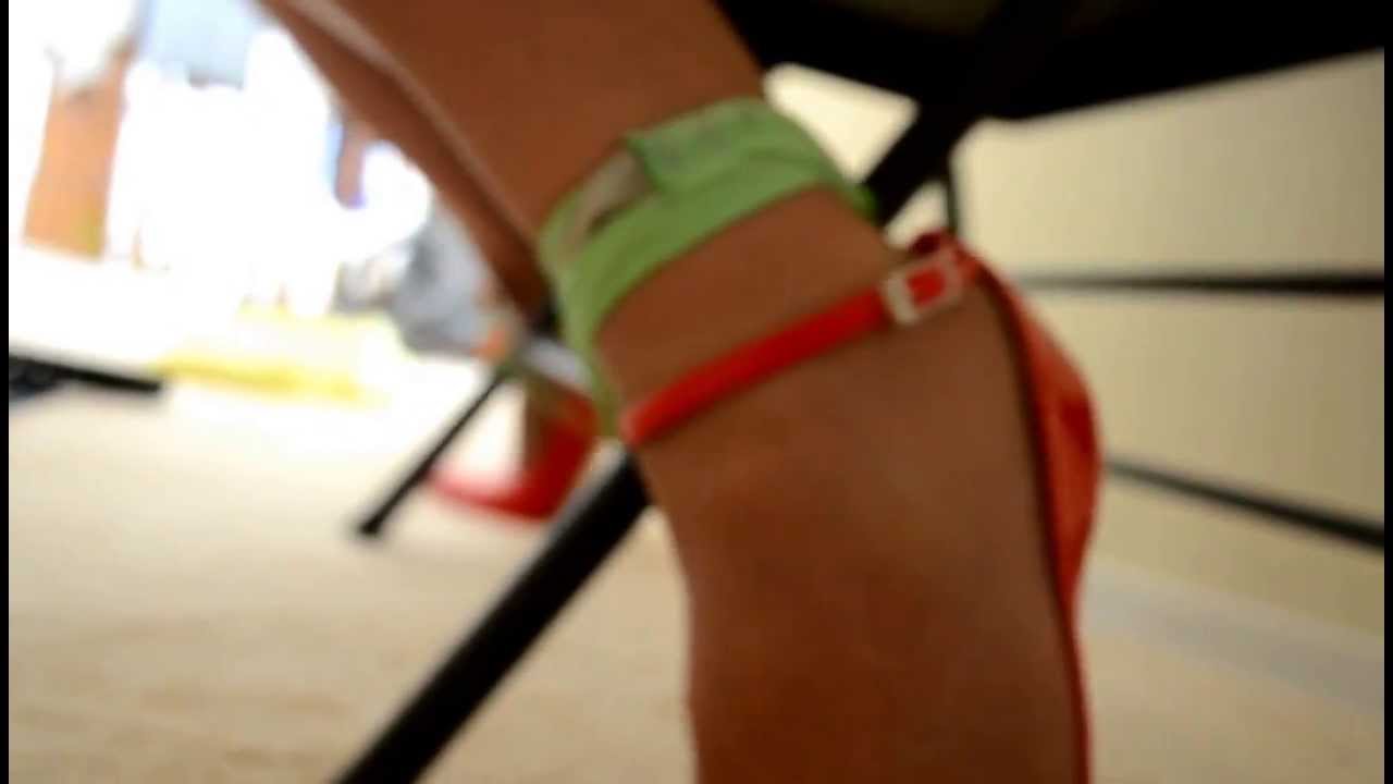 Chair tied 6 inch red high heels ankle strap bondage