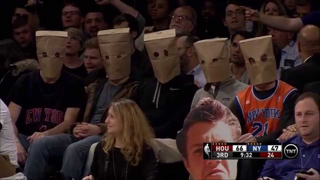 Knicks fans wear paper bags on their heads: Houston Rockets at New York Knicks