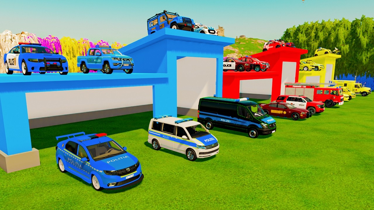 TRANSPORTING CARS, AMBULANCE, POLICE CARS, FIRE TRUCK OF COLORS! WITH TRUCKS! - FS 22