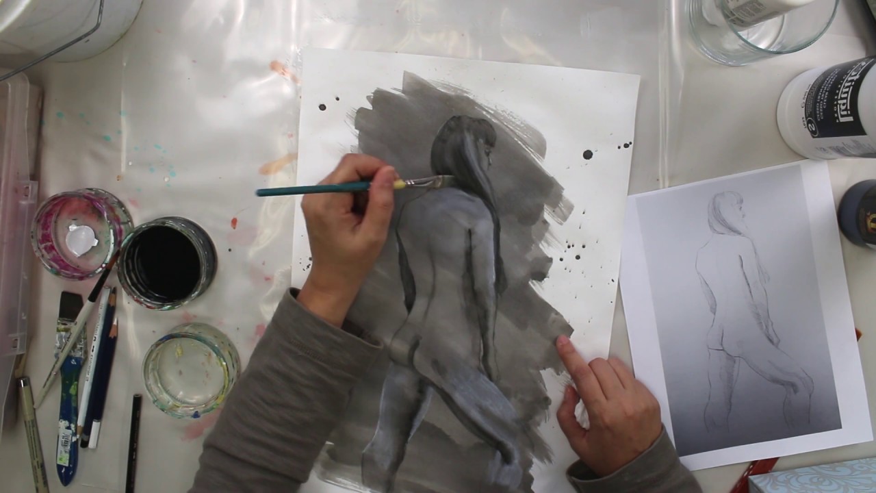 How to paint over life drawings with India ink and watercolor pencils