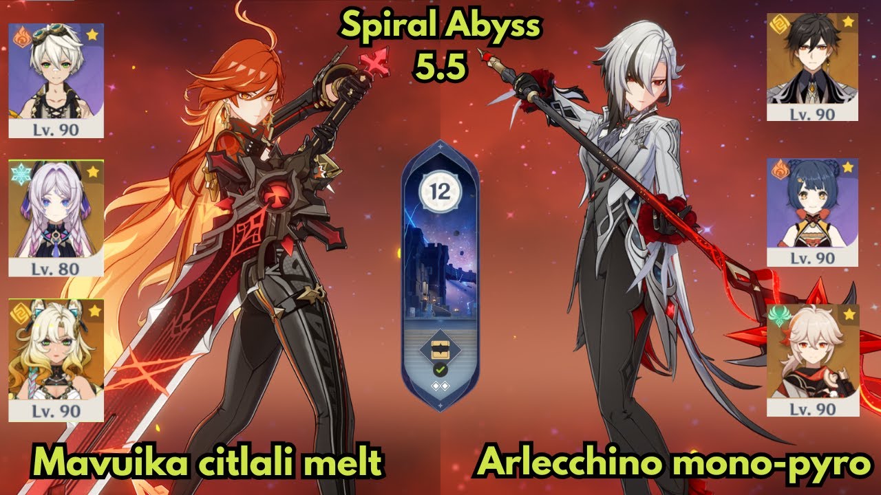 Mavuika citlali melt & Arlecchino mono pyro | 5.5 Spiral abyss 9 stars clear | Genshin Impact