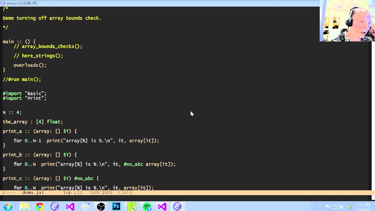Demo: Bounds check, here strings, overloading.