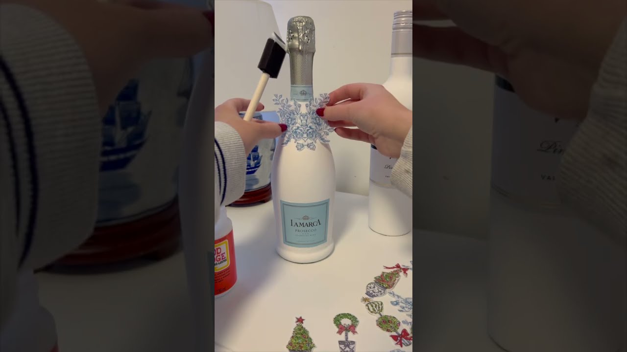 Gift for the Hostess!! DIY Decoupage Wine Bottle, Painted Wine Bottle  #grandmillennial #preppy