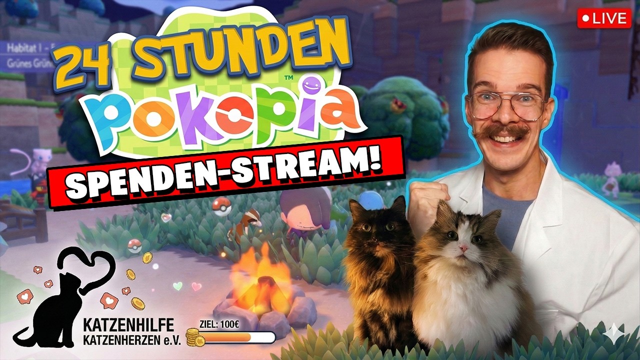Pokémon Pokopia: 🔴 24H CHARITY STREAM für Katzenherzen!