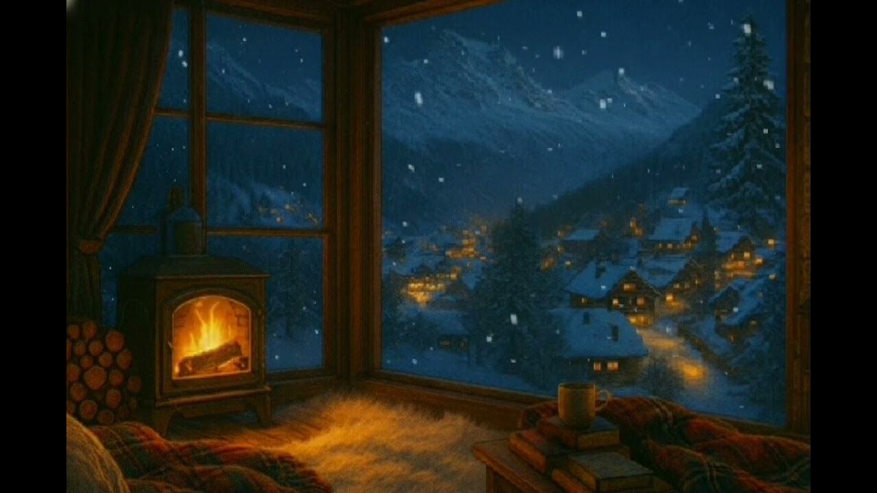 Cozy Winter Cabin Fireplace ❄️🔥 Snowy Mountain Village at Night | Relaxing Ambience & Crackling Fire