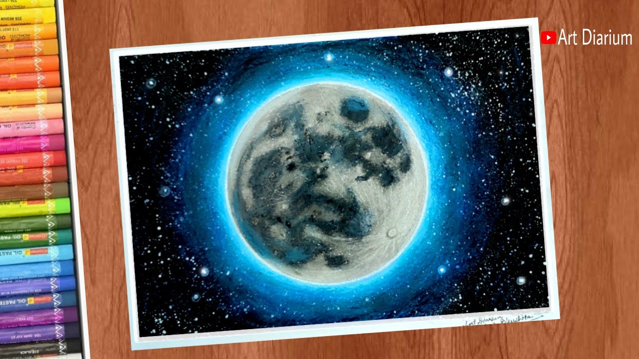 The Moon and Star Filled Sky Drawing with Oil pastels - Step by Step - for beginners