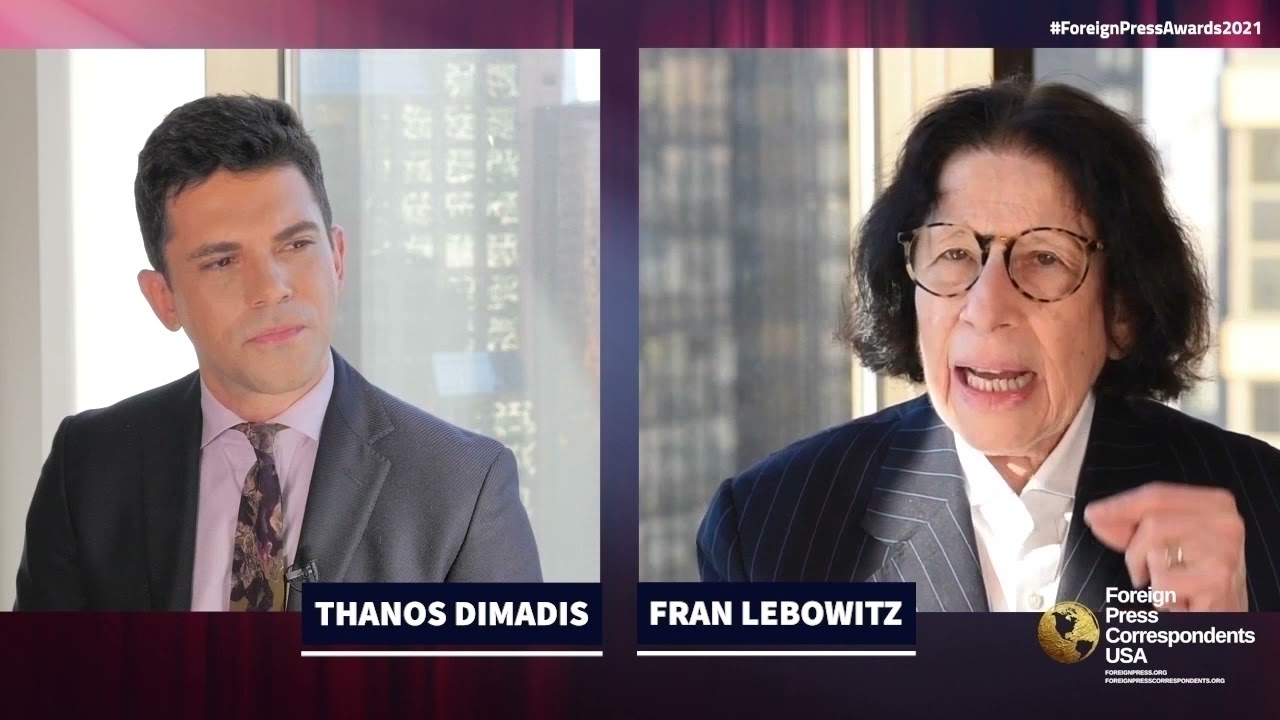 Thanos Dimadis discusses with Fran Lebowitz in New York