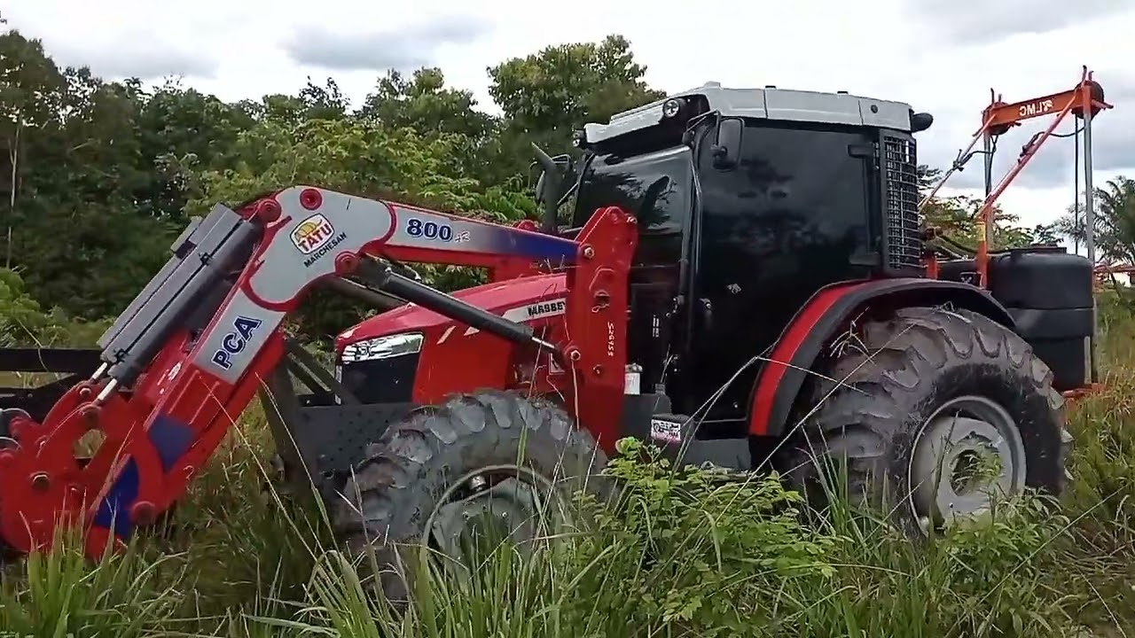 trator Massey Ferguson com cojunto frontal Pca 800 limpando mato no pasto/trator na lida