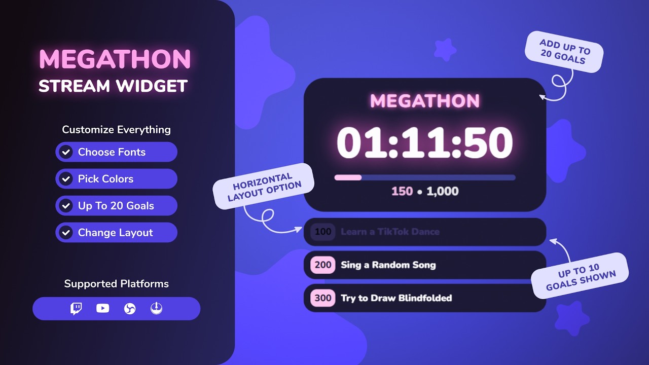 Megathon Timer Widget ⏱️ Subathon Countdown & Goals for Twitch Streams
