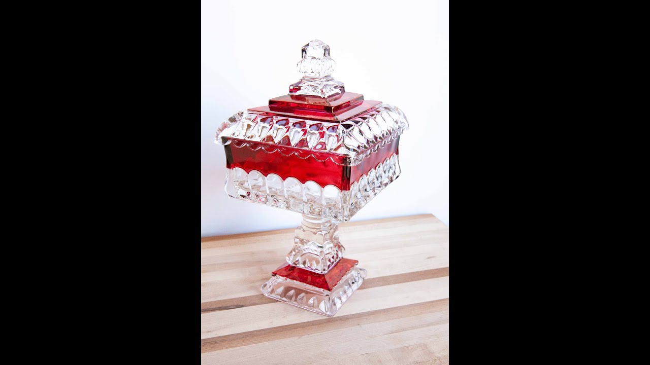 Antique Victorian Era 1891 US Glass Ruby Stain Tall Compote with Lid 